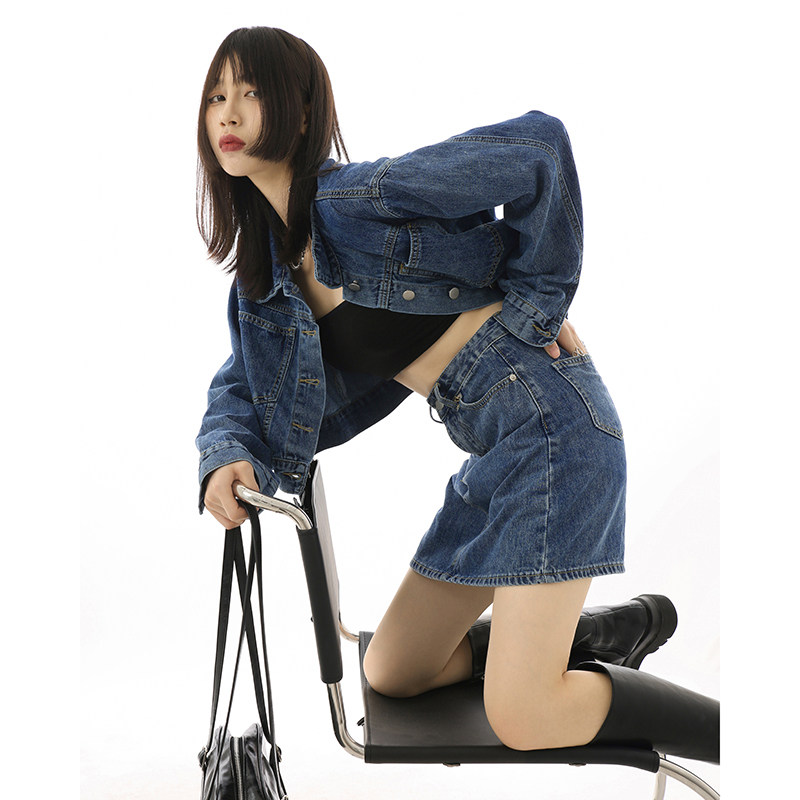 Race lazy blue denim jacket high waist skirt two-piece women's summer 2021 new retro fashion suit