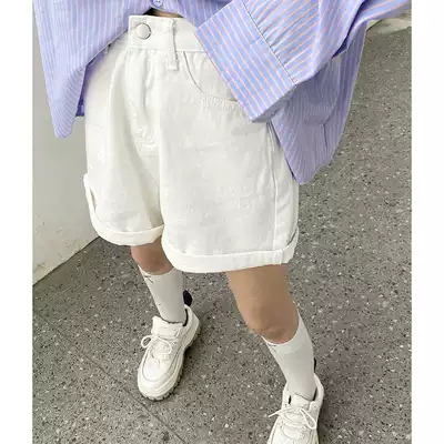 Sai Xiao lazy high waist denim white shorts women's summer thin section a-line loose wide leg summer black rolled-up five-point pants