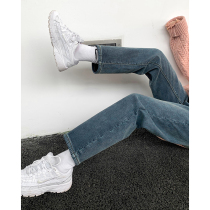 Race lazy Korean version of the high waist thin slim jeans womens 2020 autumn and winter new wild plus velvet warm straight pants