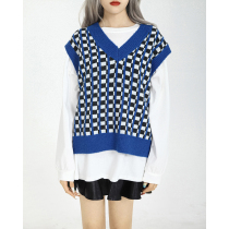 Race small sloth blue knit waistcoat Vest Lady Spring Autumn Loose without sleeves Outer lap plaid v collar waistcoat Shoulder Jacket