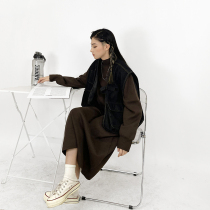 Race lazy half-price long over-the-knee knitted sweater dress womens 2021 new semi-high collar loose lazy wind