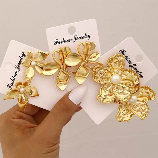 Ear Nail Set 3-Piece Set Cross-Border New Flower Metal Earrings Leaf Ear Studs 3-Piece Set