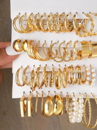 Earrings Set 24 Pairs Square Geometric Retro Pearl Earrings Set Combination Twist Earrings