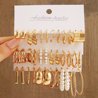 Earrings Set of 18 Pieces Cross-Border Jewelry C-Shaped Geometric Pearl Metal 18-Piece Set of Earrings for Women