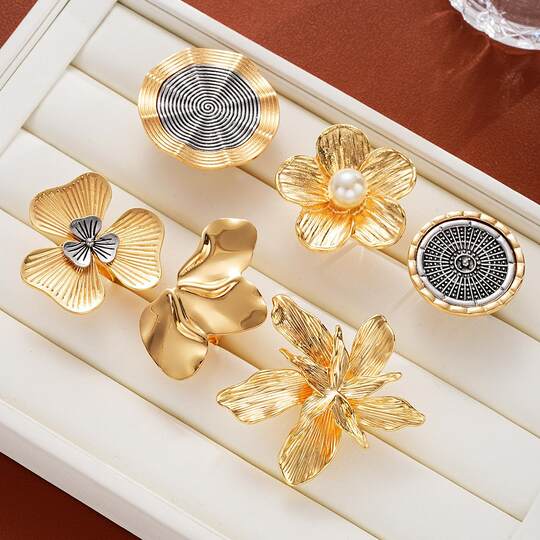 6-Piece Ring Set Cross-Border New Exaggerated ins Metal Three-Dimensional Flower Open Ring 6-Piece Set
