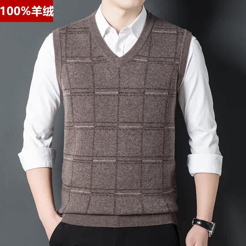 100 pure cashmere sweatshirt vest V collar knitwear middle-aged dad kan shoulder waistcoat for men's business soft glutinous cashmere sweater