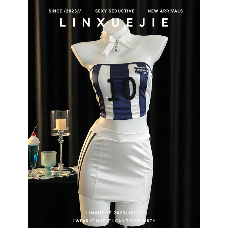 Sister Lin~ Sexy Hot Girl Football Uniform Can Be Worn Outside, Nightclub Outfit, Women's Tube Top Blue and White Striped Short Skirt Sister Lin~ Sexy Hot Girl Football Uniform Can Be Worn Outside, Nightclub Outfit, Women's Tube Top Blue and White Striped Short Skirt