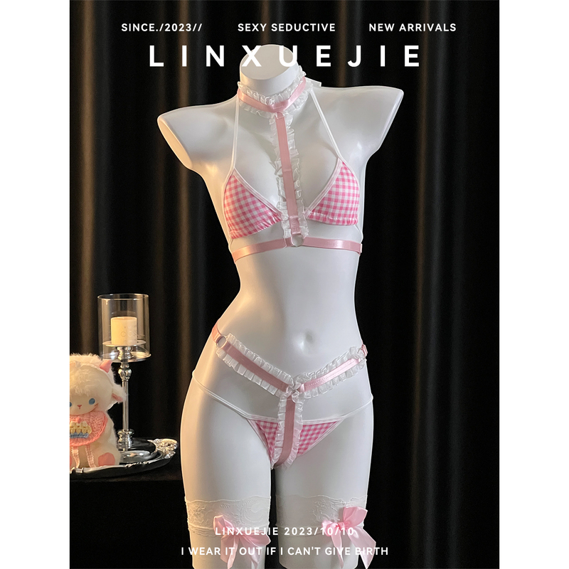 Sister Lin~ Sexy Girl Plaid Pink Bikini Pure Desire Style Lace Bondage Strap Bra Set Qqny Sister Lin~ Sexy Girl Plaid Pink Bikini Pure Desire Style Lace Bondage Strap Bra Set Qqny