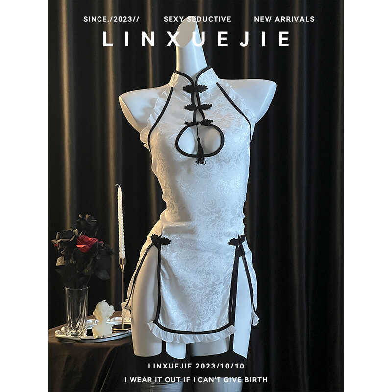 Sister Lin~ New Chinese-Style Sexy Retro Hollow-Out Cheongsam, Hot Satin Splicing with Mesh See-Through Seductive Uniform for Women Sister Lin~ New Chinese-Style Sexy Retro Hollow-Out Cheongsam, Hot Satin Splicing with Mesh See-Through Seductive Uniform for Women