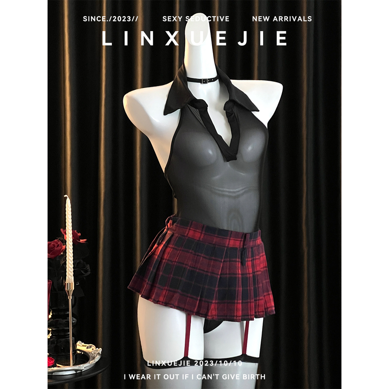 Sister Lin~Sexy Sheer Mesh See-Through Feminine One-Piece Outfit with a Seductive Vibe, Date Outfit with Contrasting Jk Pleated Skirt