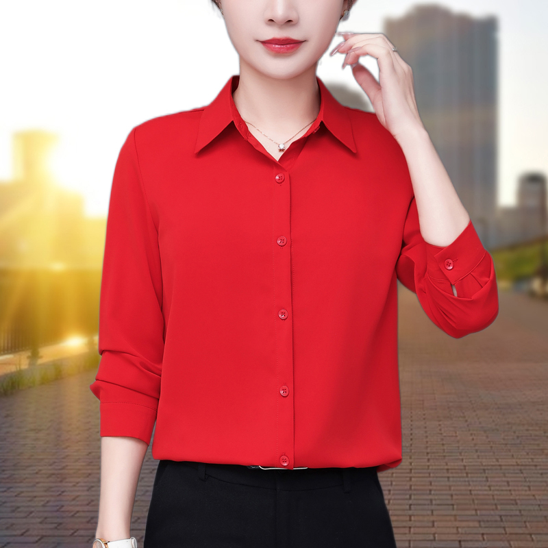 Women's Long-Sleeved Shirt 2026 Spring New Style Mom Chiffon Shirt Slimming Top Elegant Business Attire Red Shirt