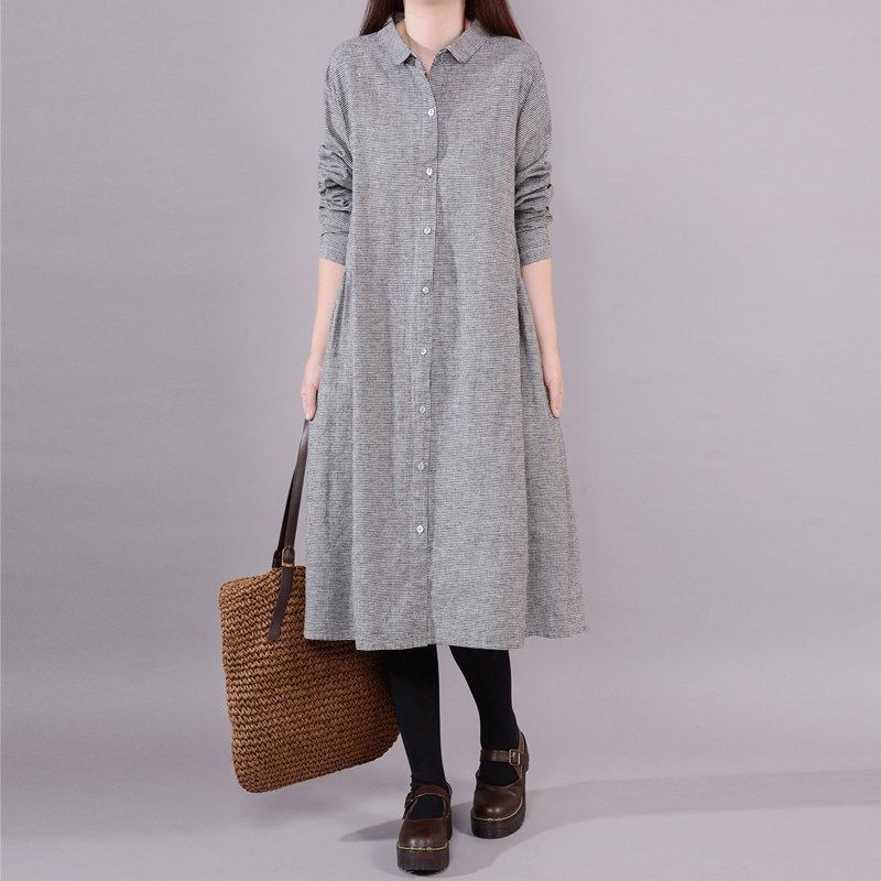 Original Japanese-Style Export Surplus Women's Mid-Length Cotton-Linen Plaid Shirt Dress, Loose and Slimming Linen Dress Original Japanese-Style Export Surplus Women's Mid-Length Cotton-Linen Plaid Shirt Dress, Loose and Slimming Linen Dress