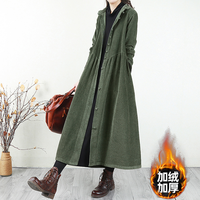 First-Line Brand Export Surplus Women's Winter Mid-Length Corduroy Trench Coat with Fleece Lining and Thickened Corduroy Coat