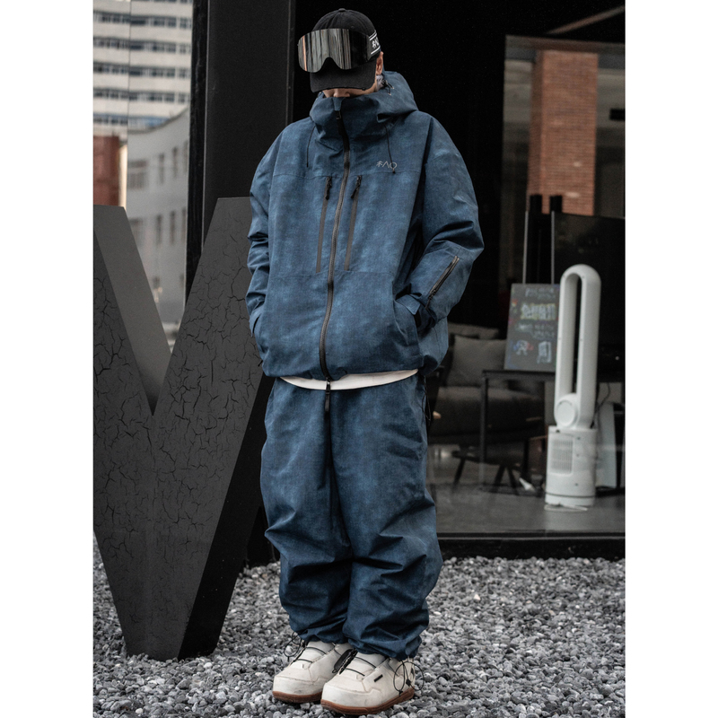 Snowproof Faux Denim-Colored Ski Suit with Fleece Lining, Waterproof and Windproof, Oversize Fully Taped Snow Suit