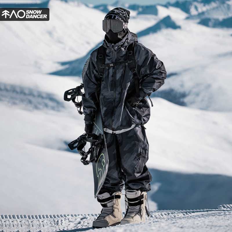 Snowproof Black Printed Ski Suit with Fleece Lining, Waterproof, Windproof, Loose Oversize, Full Taped Snowboard Suit