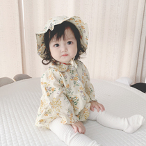 ins22 spring and autumn models Korean version baby doll collar crushed flower long sleeve one-piece khae baby bag fart to wear matching hat