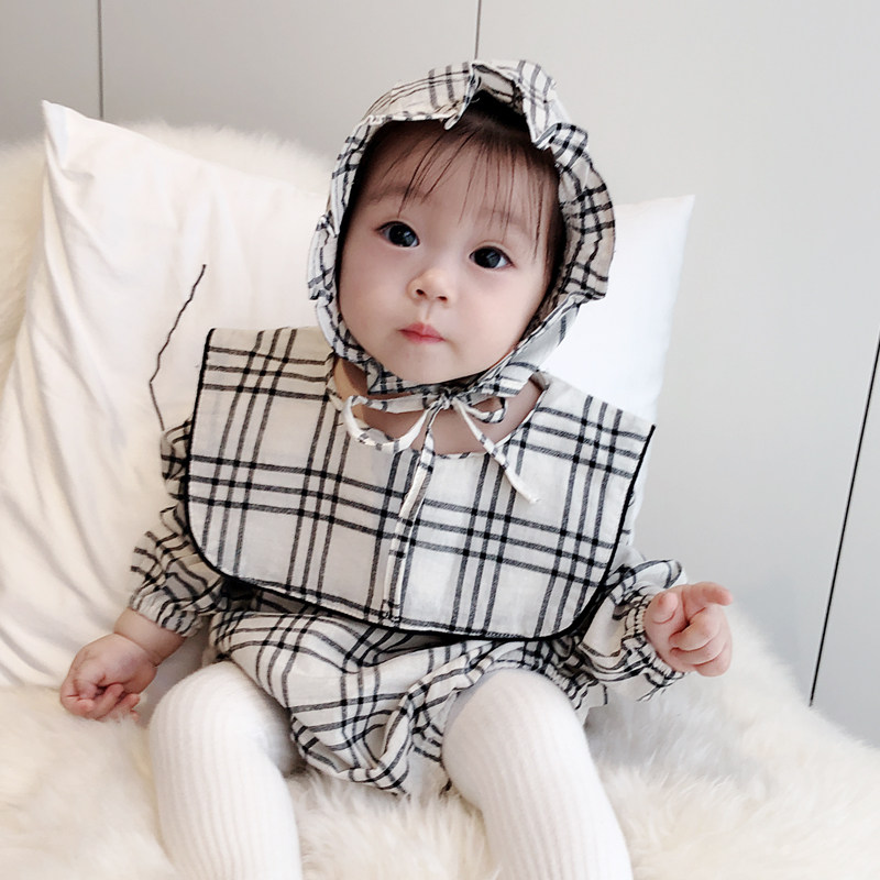 ins2021 autumn new Korean baby cute plaid long-sleeved jumpsuit college lapel climbing suit bag fart coat