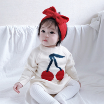 ins2021 spring and autumn baby 0-2 year old baby girl big cherry print long sleeve knitted sweater cotton dress