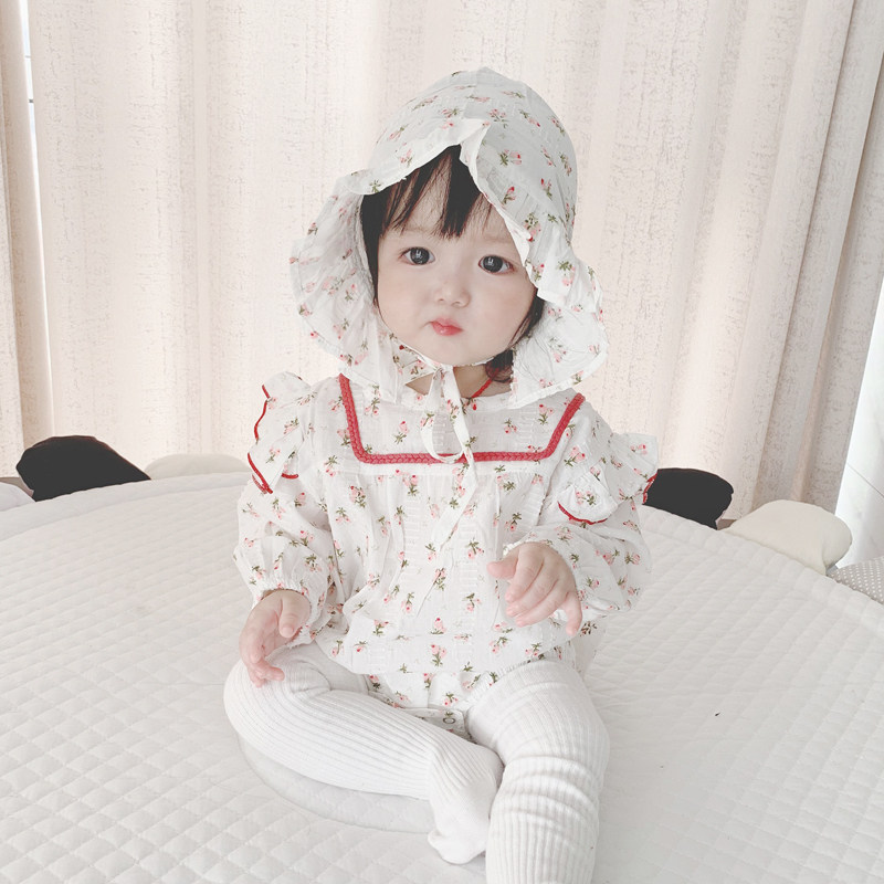 ins22 Spring and autumn Korean version Baby broken flower long sleeve baby even body suit female baby bag fart to wear out to wear a hat