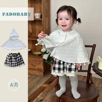 ins Korean style spring and autumn clothing for infants and young children super cute ball hooded cape coat plaid skirt western style 2-piece set