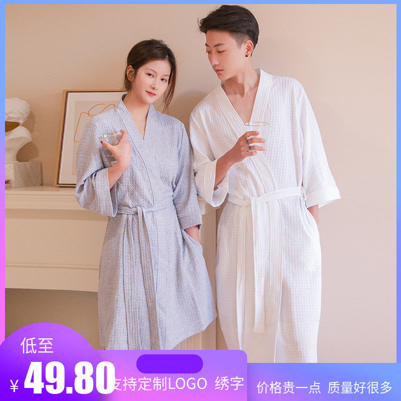 Spring Autumn Long Version Absorbent Sleeping Robe Pure Cotton Men's Bath Clothes Beauty Salon Short Bath Robe Women Summer Thin-lovers Sleeping Clothes