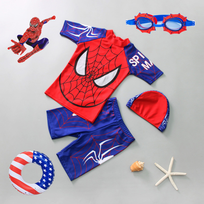 Child Swimsuit Male Girl Cartoon Four-corner Pants Short Sleeve Two-piece Swimsuit Baby Spa Beach Swimsuit Spider Man