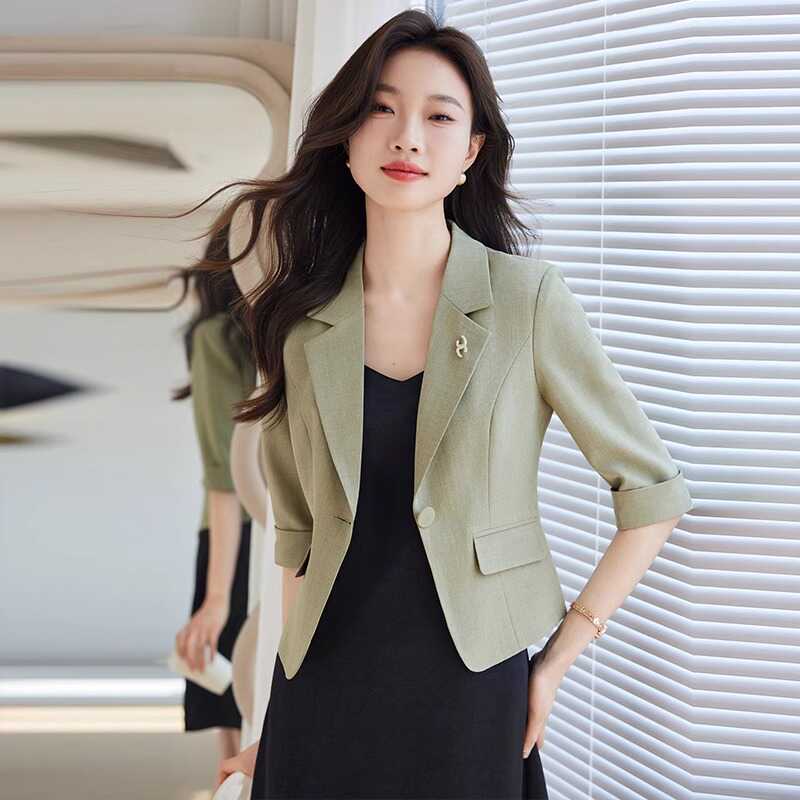 Green Mid-Sleeve Blazer for Women, Summer Thin Short Style for Petite Figures, 2026 New Model, High-End Casual Small Suit