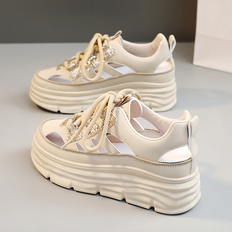 Baotou Sandals for Women 2025 Summer New Style Genuine Leather Hollow Breathable Wedge Heel Height-Increasing Thick-Soled Platform Shoes White Shoes Baotou Sandals for Women 2025 Summer New Style Genuine Leather Hollow Breathable Wedge Heel Height-Increasing Thick-Soled Platform Shoes White Shoes