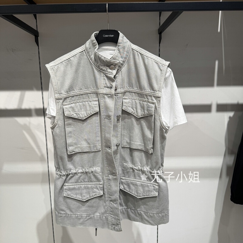 Ck Jeans 26 Spring/Summer Women's Multi-Pocket Waist-Cinched Stand Collar Denim Vest Jacket 47F980G