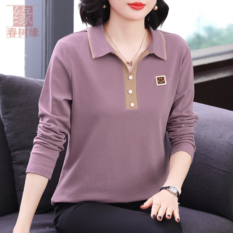 Pure Cotton Lapel T-Shirt for Women, Spring and Autumn New Style, Loose Top for Middle-Aged Mothers, Fashionable Polo Collar Women's Base Shirt Pure Cotton Lapel T-Shirt for Women, Spring and Autumn New Style, Loose Top for Middle-Aged Mothers, Fashionable Polo Collar Women's Base Shirt