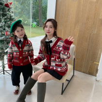 Internet celebrity parent-child clothing 2021 autumn and winter new girls red cardigan loose Christmas sweater foreign style fried street mother and daughter clothing