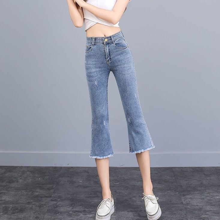 Raw Edge Ripped Denim Capri Pants for Women, Summer Thin High-Waisted Stretchy Slim Fit Flared Mid-Length Pants, Slimming Eight-Point Pants