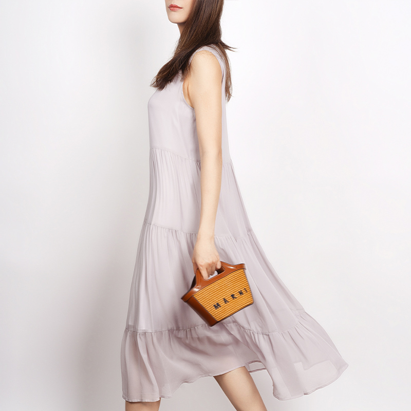 Ousilu Spring/Summer New 100% Mulberry Silk Sleeveless Solid Color Round Neck Mid-Length Dress Women's Tiered Dress