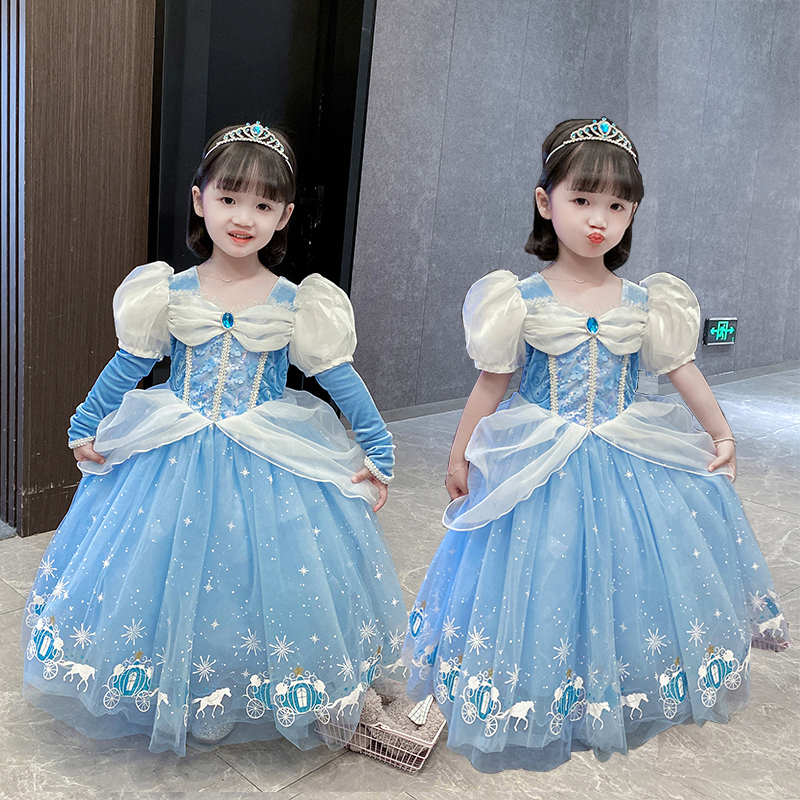 New Cinderella Fluffy Princess Dress Frozen Elsa Detachable Sleeve Dress Elsa Spring and Autumn Performance Costume