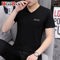 Cotton ice mercerized cotton mens short sleeve t-shirt trend summer mens clothing black V-collar slim half-sleeve