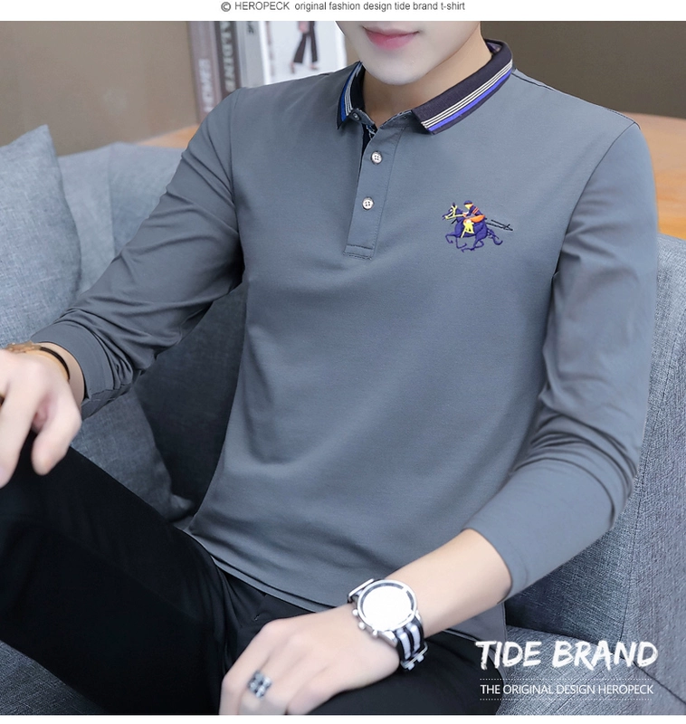 Áo thun nam dài tay, áo sơ mi POLO, ve áo, quần áo mùa thu, xu hướng mới, quần áo bó sát cơ thể, quần áo nam mùa xuân và mùa thu, áo thun - Áo phông dài