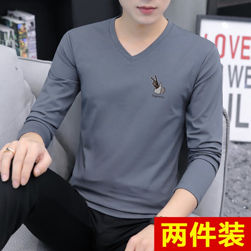 Pure Cotton Spring Autumn Clothes Men T-Shirt Long Sleeve V Collar Spring Dress Casual Blouse 2022 New inner hitch Clothing T-shirts