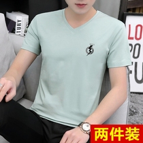 Pure cotton ice silk light cotton summer men short sleeve T-shirt half sleeve upper clothes trend V collar speed dry 100 lap wind handsome