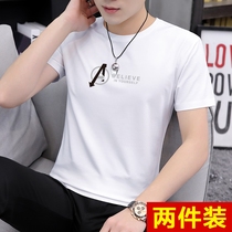 Cotton spring summer mens short sleeve T-shirt body clothes slim white print Ice Silk summer half sleeve