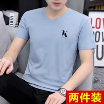 Pure cotton mens clothing T-shirt short sleeves Summer fitted clothes Korean version Chauffling V collar ice-cut sleeves Body Shirt Harbor Wind