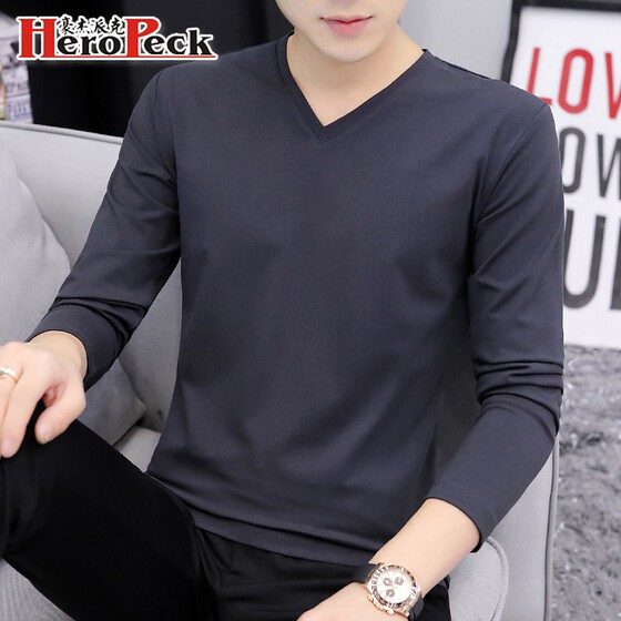 V-neck bottoming shirt men's pure cotton long-sleeved T-shirt underwear spring and autumn clothes 2024 new white T-shirt inner wear spring