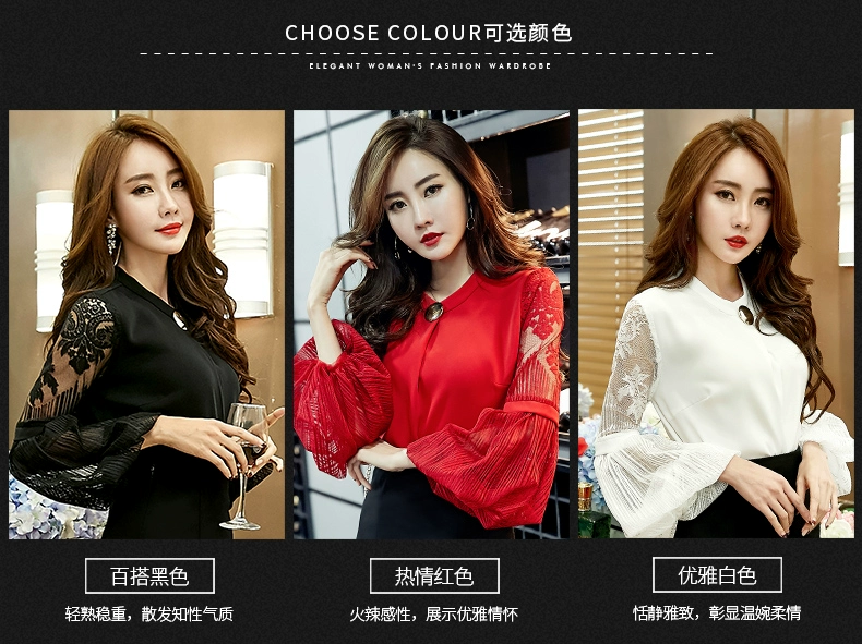 2018 mùa thu mới tay áo sơ mi nữ voan áo sơ mi nữ tay dài ren áo sơ mi cổ áo mỏng