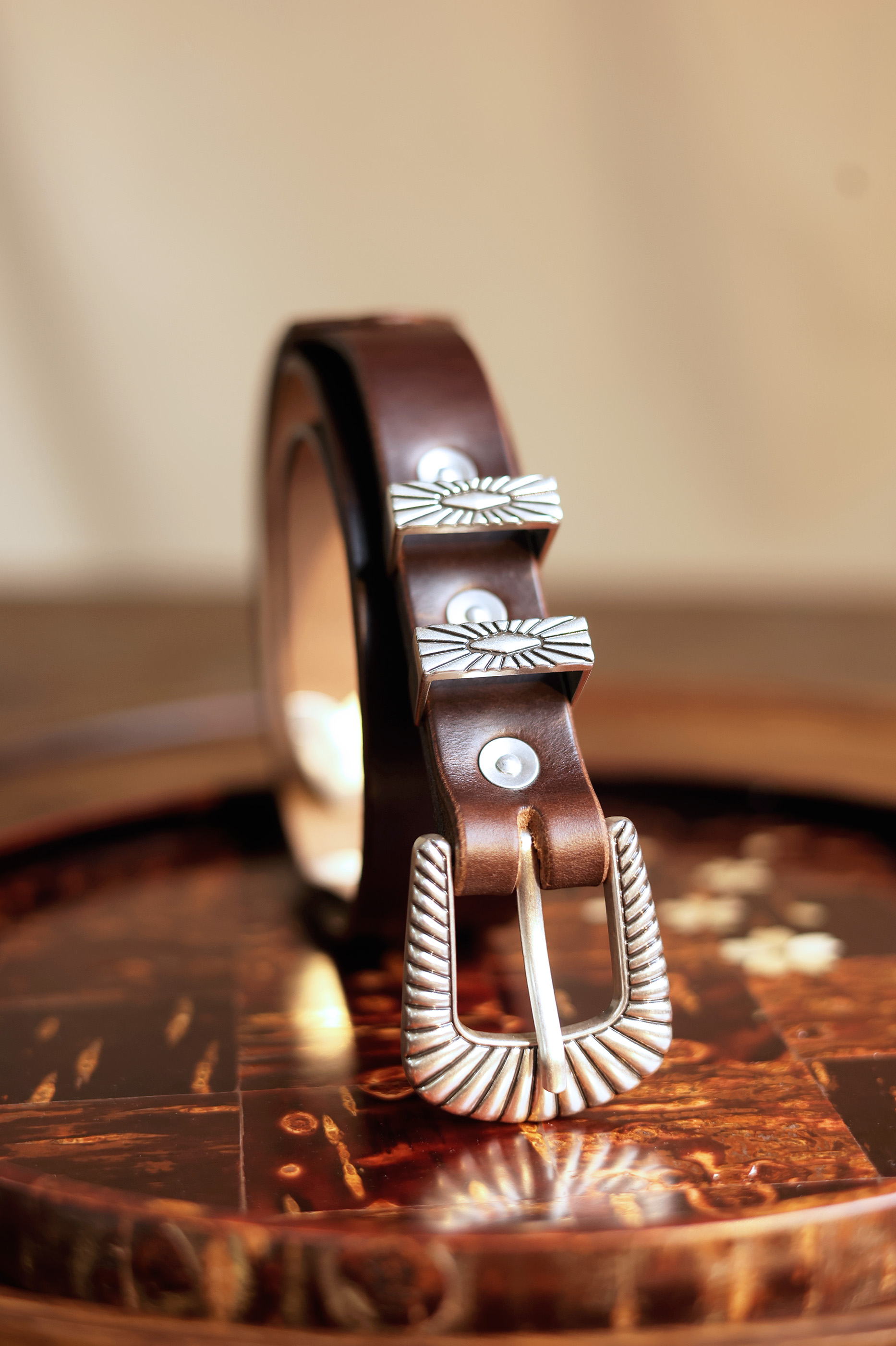 American Horween leather hand-made Silver carved belt - Belts - Genuine Leather Multicolor