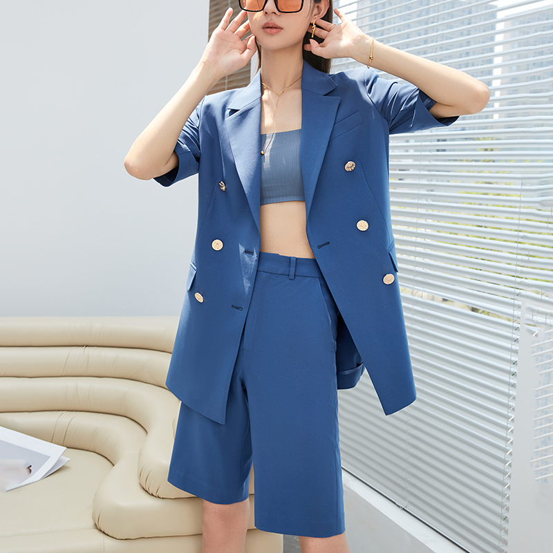 Suit suit women summer thin short sleeves fashion temperament professional formal wear casual blue suit jacket two-piece set