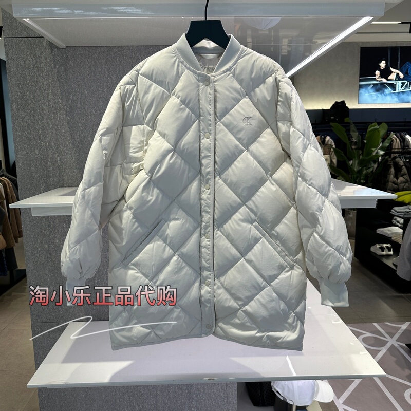 Ck Jeans Genuine Product from the Store 2025 Winter Women's Diamond Pattern Mid-Length Baseball Collar down Jacket 47E518G