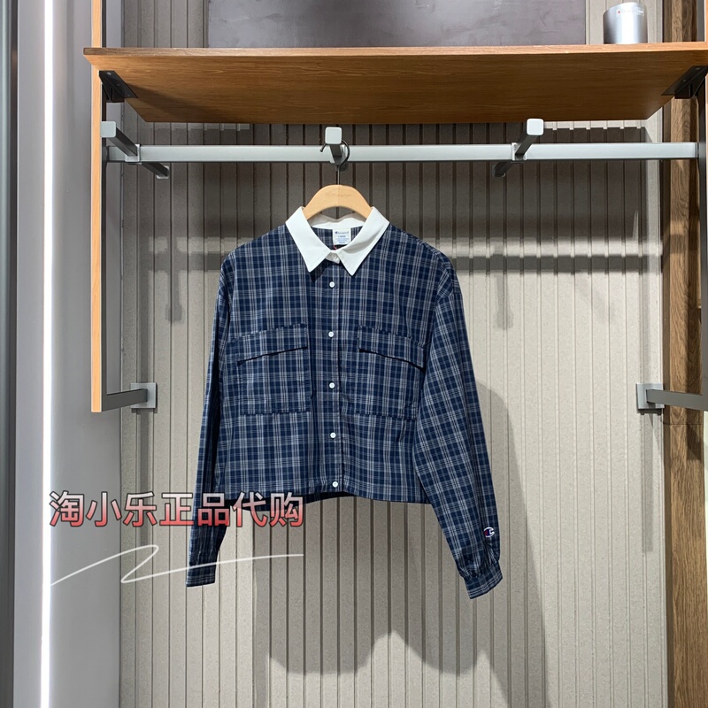 Champion Genuine 26 Autumn New Style Plaid Short Long-Sleeved Shirt Top for Women U6Cshsw093