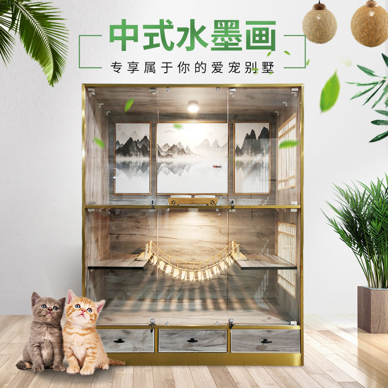 Original custom pet luxury Chinese style cat villa solid wood environmental protection cat cage home cattery cat litter cat house cat cabinet