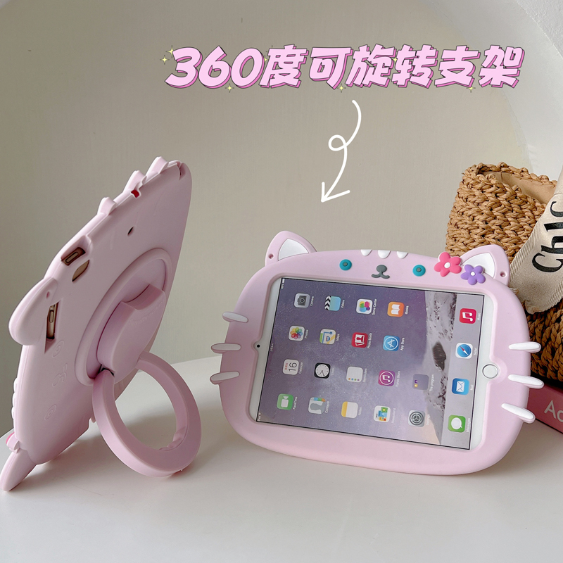 Suitable for Apple Tablet Protective Case Cartoon iPad Air6 11-Inch 2024 Soft 360-Degree Rotating 10.2 Silicone Case Silicone 34Th Generation 67Pro11 Stand Soft Mini25 Case 10.9 Cat