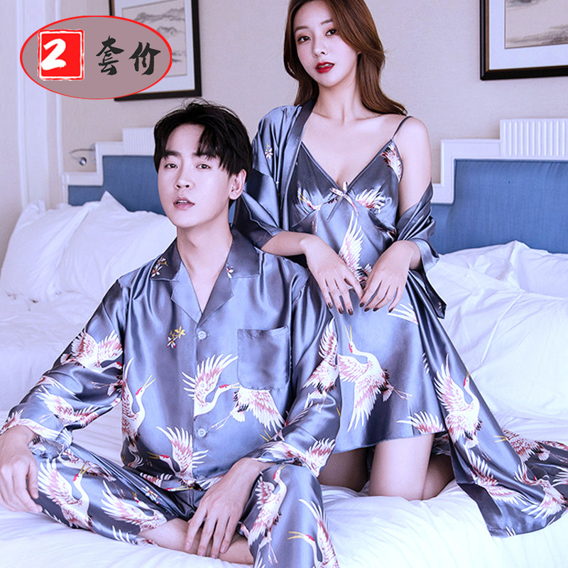 Couple pajamas summer ice silk small sexy suspender nightdress women's men's thin silk spring and autumn nightgown two-piece set