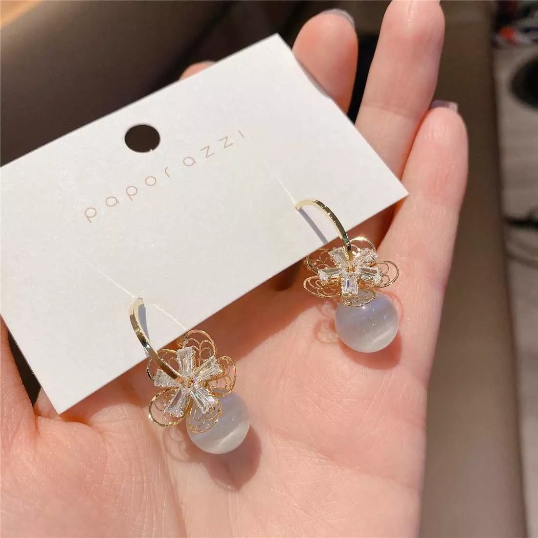 S925 Silver Needle Zircon Pearl Opal C-ring Earrings Dongdaemun Hollow Flower Temperament Net Red Earrings Earrings